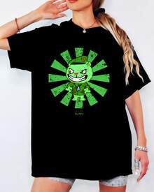 Happy Tree Friends Flippy Military Bear Retro T-Shirt, Green Sunburst Print, Unisex Casual Cartoon Top - Black - View 7