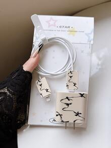 4pcs Minimalist Black Bow Ribbon Design Charging Head Protector Case, Data Cable Organizer Compatible With 20W Charger For IPhone 15 Pro Max, 17 Pro Max, 16 Pro Max, 11, 12, 13, 14 Pro Max, Fashionable - Aprikot - View 2