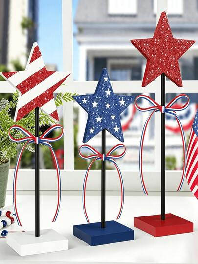 3pcs Set American Independence Day Patriotic Desktop Decor, Vintage Glitter Star Vertical Flag With Red White Blue Bow, Farmhouse Style 3-Tier Tray Decor For Room, Entryway, Bedroom, Kitchen, Living Room, Coffee Bar, Office Desk, Bookshelf