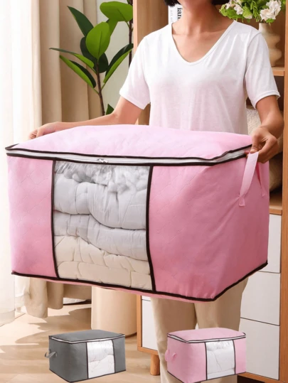 1pc Large Capacity Non-Woven Fabric Quilt Storage Bag/Storage Box, Foldable With Zipper And Transparent Window, Suitable For Seasonal Storage And Organization, Can Be Used For Autumn Decoration, Holiday Decoration, Room Decoration, Home Decor, Bedroom Decor, Christmas Gift