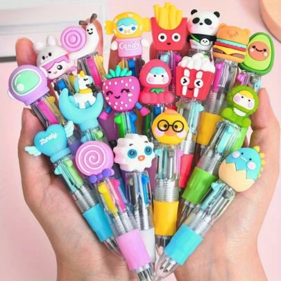 10pcs/Set Cartoon Mini 4-In-1 Pen | 4 Color Ballpoint Pens, Cute & Portable, Suitable For Party, School, Office Prizes, Birthday Gifts, Paired With Colorful Pen Pouch, Small Stationery Gift
