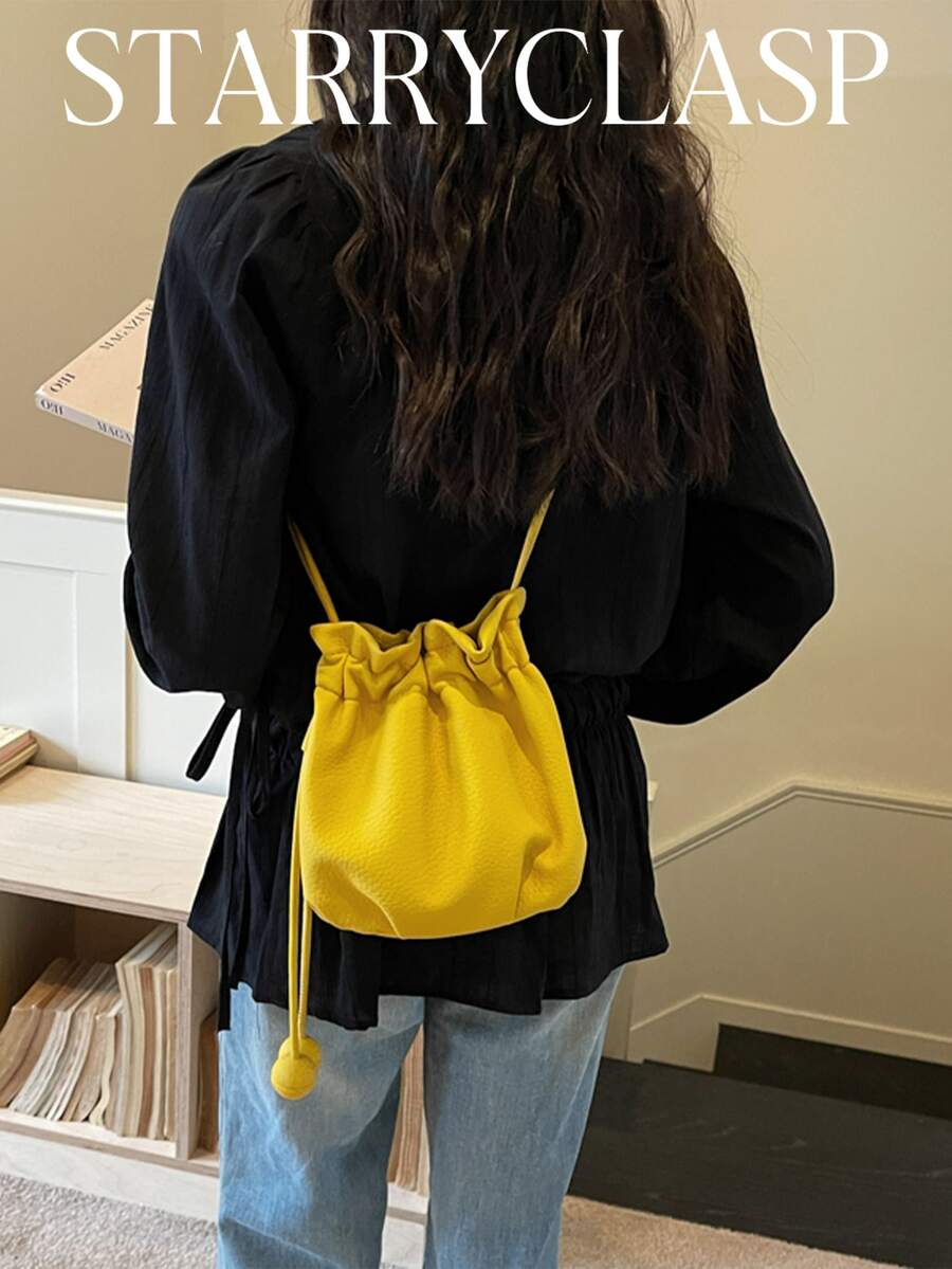 Korean Soft Yellow Drawstring Bucket Bag, Spherical Decor, Shoulder/Crossbody, Casual Commute Date Versatile Girly Style Women Handbag - Yellow - View 1