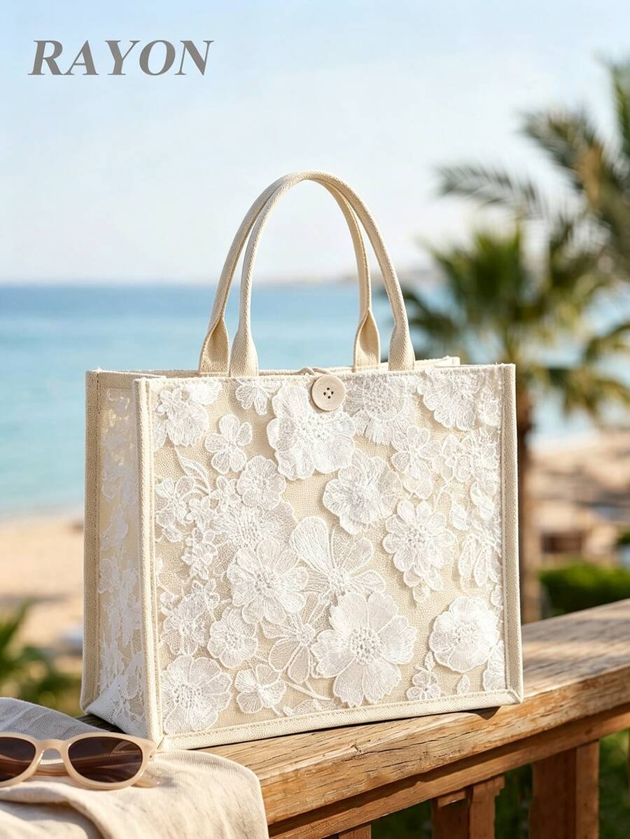 1 buah Tas Tote Wanita Putih dengan Aplikasi Renda Larut Air, Bordir Jala Bunga 3D, Kapasitas Besar, Bagian Bawah Linen, Tas Tangan Liburan Pantai, Cocok untuk Pantai, Area Wisata, Belanja (Pola Payet Bunga Didistribusikan Secara Acak) - Putih - View 1