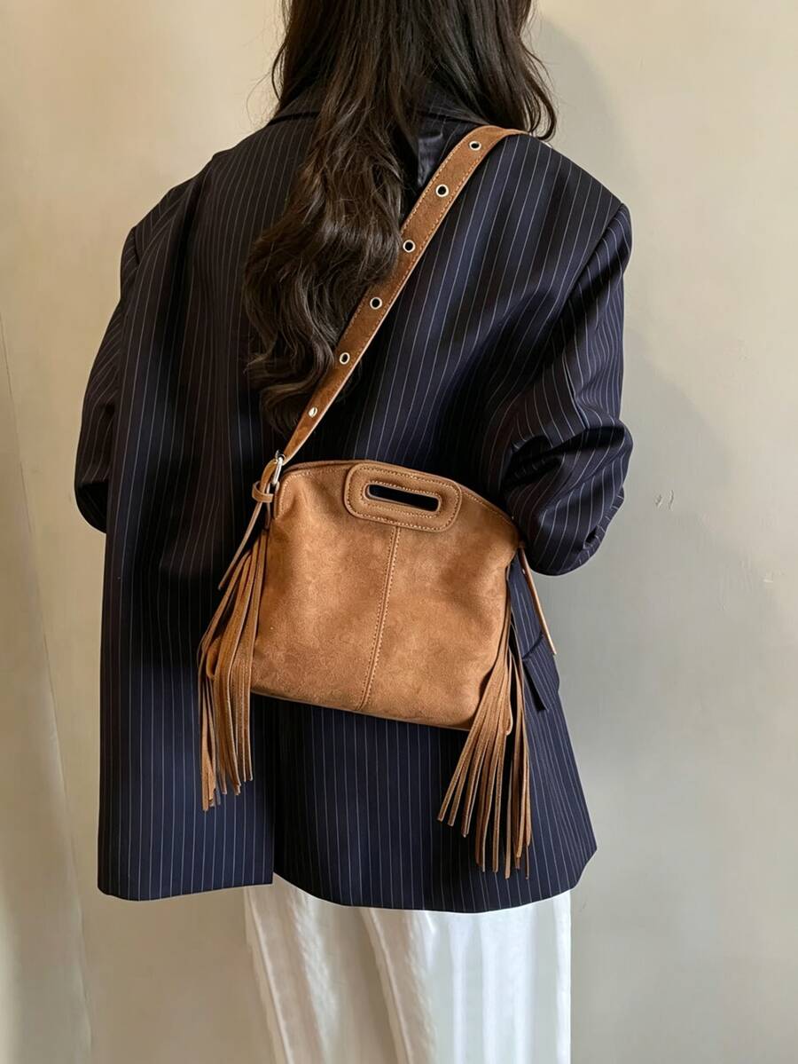 Túi đeo vai mini, túi đeo vai thời trang mới dành cho nữ, màu trơn, thiết kế tua rua tối giản, chất liệu giả da lộn cao cấp, túi xách nữ thanh lịch, túi đeo chéo, thích hợp cho mua sắm, đựng ví, dạo phố, phụ nữ trẻ, sinh viên đại học, người mới vào nghề, nhân viên văn phòng. - màu nâu - Xem 1