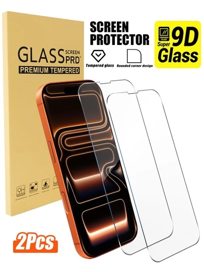 2片装9D全覆盖钢化玻璃屏幕保护膜 - 适用于 17 Pro Max/17 Air/17E/16 Pro Max/15 Pro Max/15 Plus/14 Pro Max/13 Mini/12 Mini/11 Pro Max系列，高清透明，防刮花，无气泡安装