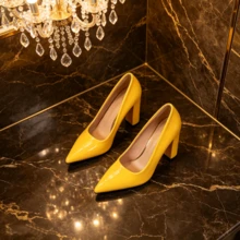 Chunky Heeled Pointed-Toe Shoes In Multiple Colors, Glossy Patent Leather, Low-Cut, Versatile And Elegant Women's Shoes. - 淺黃色 - 查看 2
