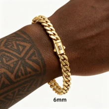 Black "S" Clasp 14K Gold-Plated Cuban Link Bracelet - Chunky Gold Hip Hop Chain For Men - Punk Stainless Steel Street Style - 6MM - View 9