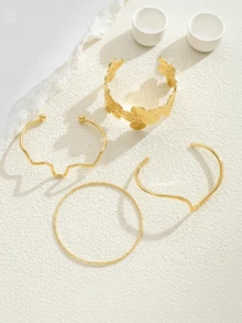 Ensemble de 4 bracelets à motif floral, européen et américain, manchette ouverte, design minimaliste et élégant. - Or jaune - Voir 2