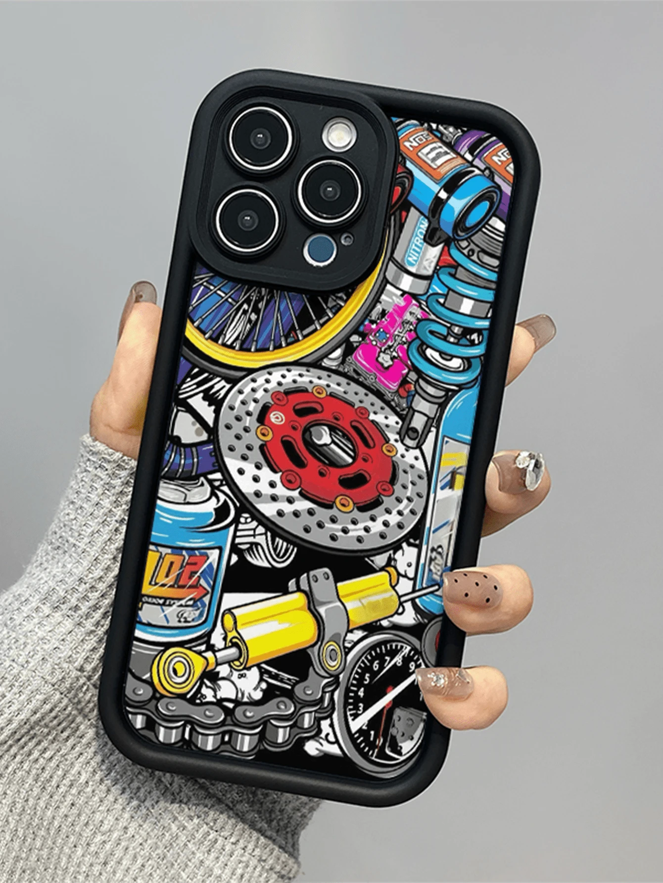 1 pieza Funda de teléfono a prueba de golpes de cobertura total con rueda mecánica negra minimalista y personalizada de TPU compatible con Apple 17, 16, 15, 14, 13, 12, 11 Pro Max, Air, aplicable a la serie