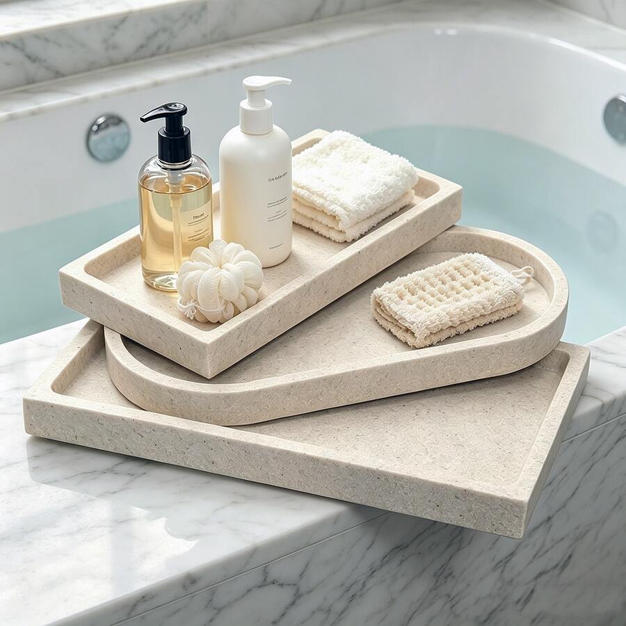 Premium Bathtub Tray, Bathroom Organizer Tray, Soap Dispenser Tray, Luxury Bathroom Tray, Sink Tray, Multi-Functional Vanity Tray, Bathroom Vanity Set, Suitable For Hotel, Home, Model Room, Club And More, High-End & Versatile - Artificial Stone Grey Tray - View 1