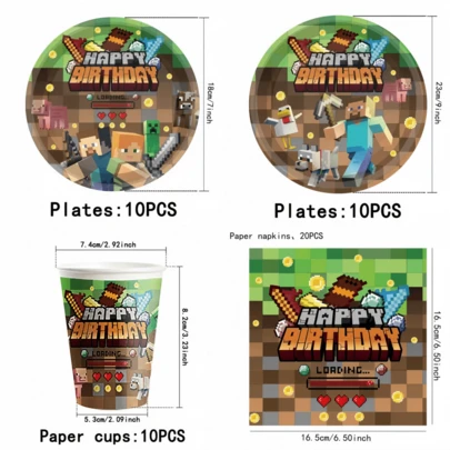  50pcs Minecraft Disposable Tableware Set Including 10 Dinner Plates, 10 Dessert Plates, 10 Paper Cups And 20 Napkins, Disposable Party Supplies Suitable For Camping, Picnic, Backyard BBQ, Wedding, Birthday Party