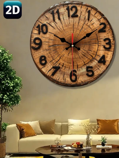 1 pièce Horloge murale ronde en bois de 10"/12" avec grain de bois visible et design annulaire, chiffres et aiguilles noirs classiques, convient pour la décoration de la maison, du bureau, du café, du salon, plate 2D