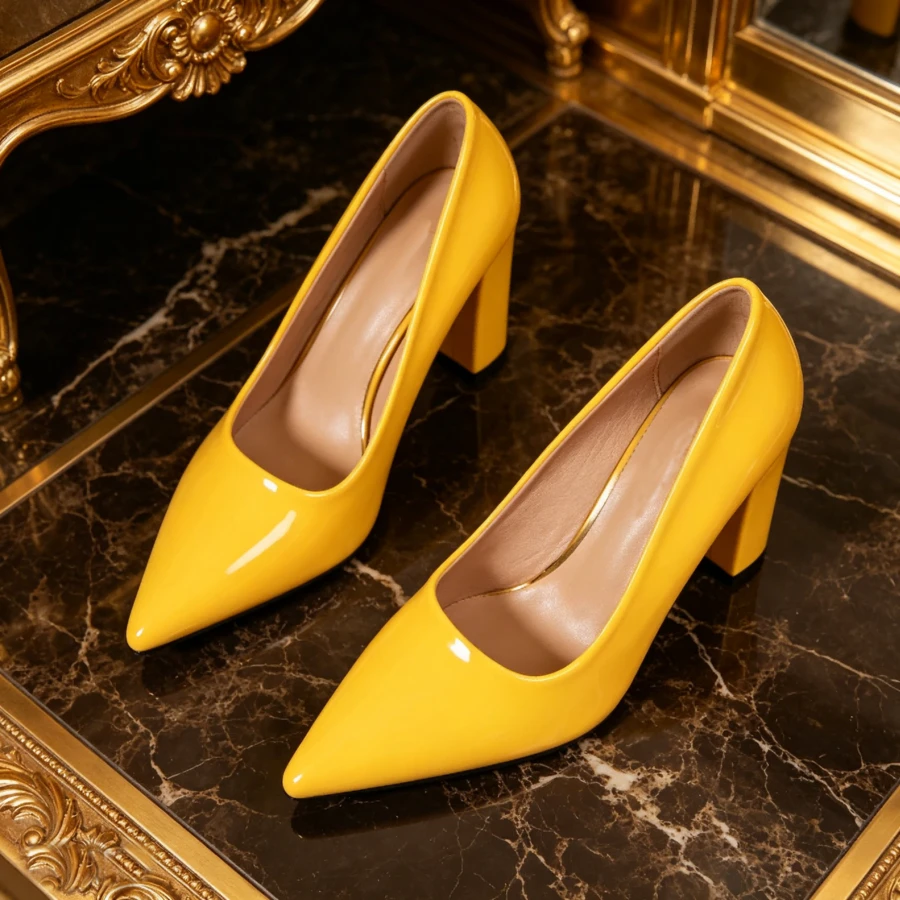 Chunky Heeled Pointed-Toe Shoes In Multiple Colors, Glossy Patent Leather, Low-Cut, Versatile And Elegant Women's Shoes. - 淺黃色 - 查看 1