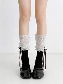 1/4 par de calcetines de media pantorrilla con volantes y lazo de estilo ballet versátil y dulce, para primavera/verano - Multicolor - Ver 8