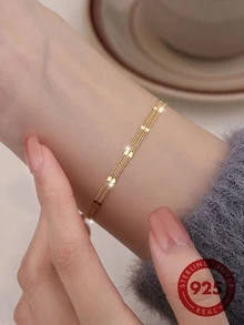 1 套 2 条优雅的 925 纯银双层手链，银色/金色/玫瑰金色，多层手链，适合日常佩戴和度假，简约独特的设计，防过敏，非常适合情人节、生日礼物，配有精美的礼品盒 - 金色 - 查看 3