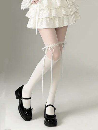 1 Pair Beige/Black Thin Sheer Sweet Bow Tie Splice Stockings, Suitable For Spring & Summer