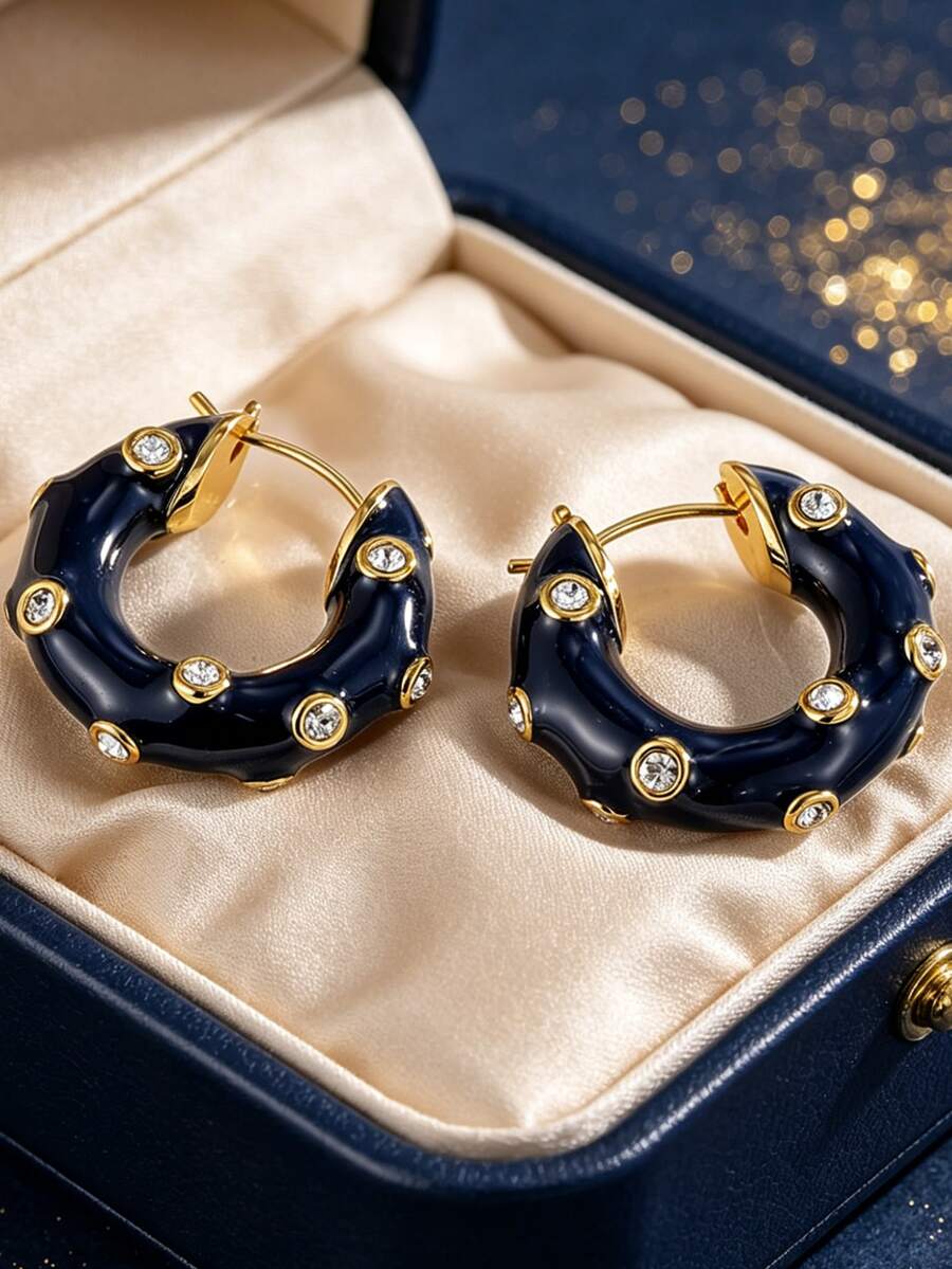 Women's Gold-Plated Hoop Earrings, Black Enamel Inlaid Zirconia, Minimalist Classic Design, Suitable For Daily Commute And Workwear, An Ideal Gift For Fashion Enthusiasts - Gold - View 1