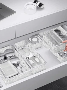 1pc Drawer Divider Storage Box, Hair Accessory Storage Box, Built-In Grid, Jewelry & Cosmetic Storage Box, Transparent PET Plastic Material, Multi-Functional Miscellaneous Sorting Box, Hair Accessory & Tool Storage Box, Multiple Sizes Available. - Water Ripple Transparent - View 4