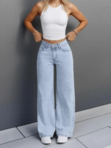 Quần jeans nữ dáng suông rộng rãi, quần jeans ống suông cạp cao màu xanh dương dành cho nữ cao, quần jeans nữ dáng rộng cạp thấp, trang phục nữ mùa thu. - Rửa nhẹ - Xem 1