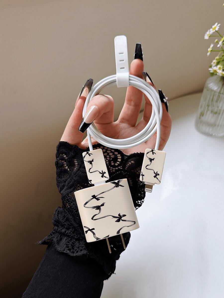 4pcs Minimalist Black Bow Ribbon Design Charging Head Protector Case, Data Cable Organizer Compatible With 20W Charger For IPhone 15 Pro Max, 17 Pro Max, 16 Pro Max, 11, 12, 13, 14 Pro Max, Fashionable - Aprikot - View 1