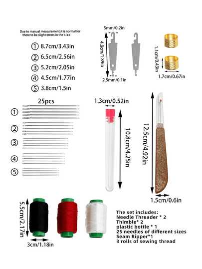 33pcs Home Sewing Tool Set, Multi-Size Hand Sewing Needles, Finger Guard Thimble, Sharp Seam Ripper, Black White Red 3-Color Sewing Thread, Suitable For Clothing Repair, Button Sewing, Hem Alteration, Fabric Crafts, Cross Stitch / Embroidery Basic Sewing