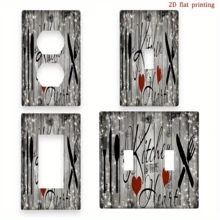 1pc Kitchen Heart-Shaped Switchplate Cover - 2D Flat Printed Decorative Outlet Cover, Featuring "Kitchen Is Heart" Quote, Fork & Spoon Pattern, Red Heart & Stars - Farmhouse Style Bathroom & Kitchen Decor, No Wiring Easy Installation, Wall Art Decor, Textured Background, 2D Flat - Multicolor - View 1