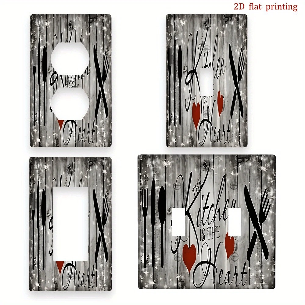 1pc Kitchen Heart-Shaped Switchplate Cover - 2D Flat Printed Decorative Outlet Cover, Featuring "Kitchen Is Heart" Quote, Fork & Spoon Pattern, Red Heart & Stars - Farmhouse Style Bathroom & Kitchen Decor, No Wiring Easy Installation, Wall Art Decor, Textured Background, 2D Flat - Multicolor - View 1