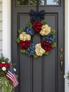 1pc Patriotic Hydrangea Flower Wreath, Suitable For July 4th, Red White Blue Color Scheme, Easy To Hang Artificial Flower Arch Decor For Front Door, Window, Outdoor Garden. Outdoor Wreath Decor, American Theme Party Decoration - Ngày độc lập - Xem 1