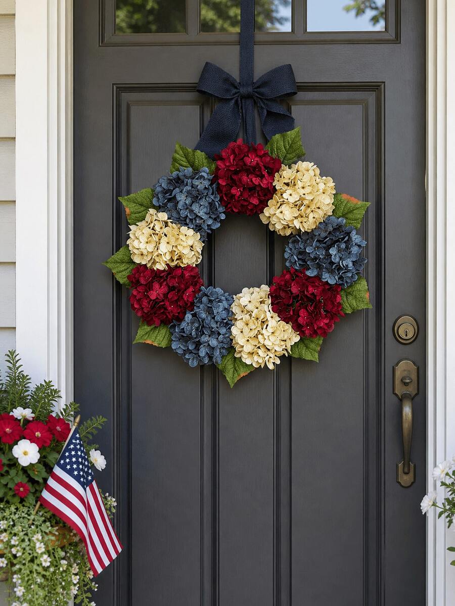 1pc Patriotic Hydrangea Flower Wreath, Suitable For July 4th, Red White Blue Color Scheme, Easy To Hang Artificial Flower Arch Decor For Front Door, Window, Outdoor Garden. Outdoor Wreath Decor, American Theme Party Decoration - Ngày độc lập - Xem 1