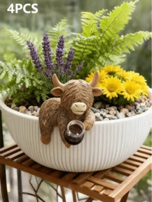 4pcs/1pc Highland Cow Statue Planter Decor, Highland Cow With Wine Glass Design, Cute Planter Accessories Resin Frog Statue Fairy Garden Aesthetic Plant Decor, Suitable For Garden, Yard, Lawn Decor Enthusiasts - A - View 13