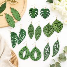 7 Pairs Green Wooden Leaf Carved Pendant Earrings, Spring Summer Natural Countryside Style Earrings, Women Holiday Party Outfit Accessory, Gift - Green - View 6