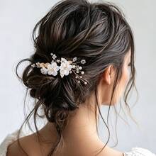 1pc Handmade Floral & Leaf Hairpin, Bridal Hair Comb Accessory For Wedding - Gold - View 3