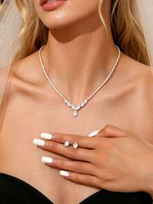 Bộ 3 món dây chuyền và bông tai pha lê cao cấp, kết hợp với dây chuyền choker sang trọng, trang sức, phụ kiện. - Bạc - Xem 5