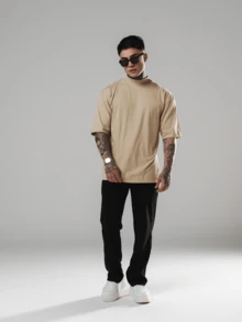 DMUNIZ Oversized Streetwear Basic Turtleneck Gym T-Shirt Dmz002 - 卡其色 - 查看 4