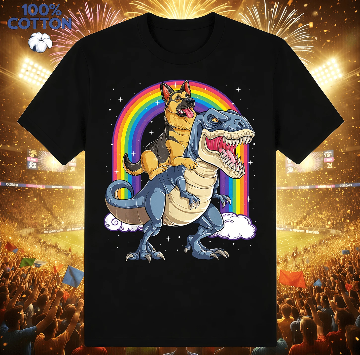 German Shepherd On T-Rex Rainbow T-Shirt | Gender-Neutral Oversized Funny Animal Shirt Black - Black - View 1