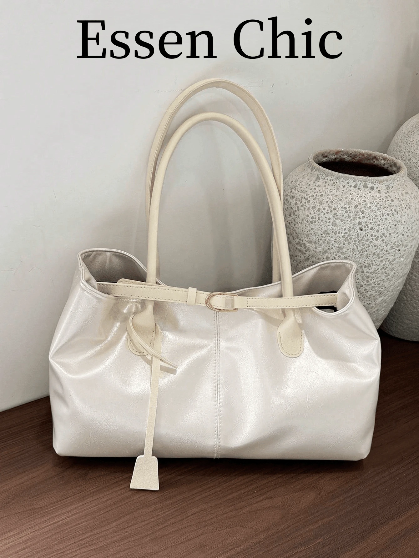 1pc White Strap Decor Large Capacity PU Patchwork Tote Bag, Women Shoulder Bag