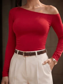 Elegant Casual Blouse, Knit Fabric, Asymmetrical Cutout, Winter - Red - View 1