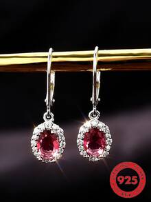 1 Đôi bông tai bạc S925 đính đá Zirconia tổng hợp, thiết kế hình giọt nước màu đỏ thanh lịch, trang sức cao cấp dành cho nữ. - Bạc - Xem 1