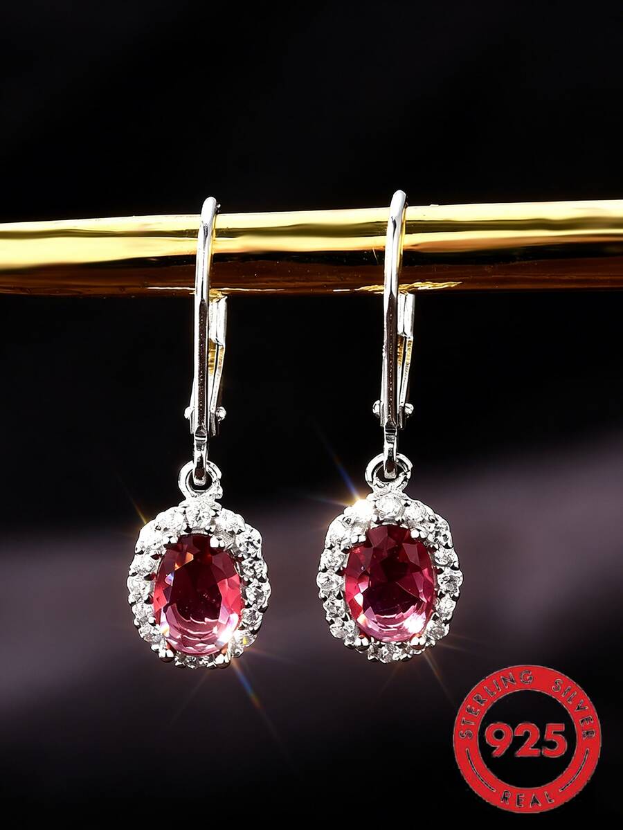 1 Đôi bông tai bạc S925 đính đá Zirconia tổng hợp, thiết kế hình giọt nước màu đỏ thanh lịch, trang sức cao cấp dành cho nữ. - Bạc - Xem 1