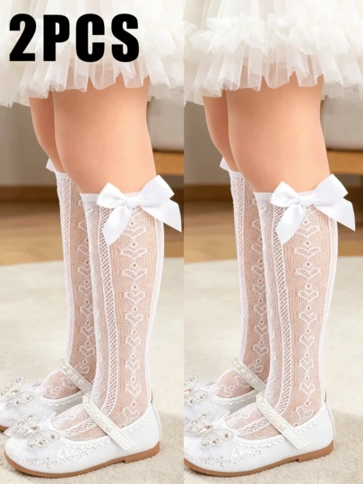 2 Pairs Girls Lace Mid-Calf Socks, Summer Breathable Mesh Bow Princess Socks, Toddler Matching With Little Leather Shoes Versatile Socks