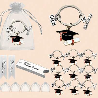 2026 Teacher's Day & Graduation Season 30pcs Set - Includes 10pcs Metal Graduation Cap Keychains, 10pcs White Felt Gift Bags, 10pcs Thank You Cards, Suitable As Backpack, Keychain, Car Hanging Gifts For Graduates