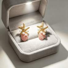 Cyan Shell & Starfish Earrings, Vacation Style Pearl & Crystal Inlaid Earrings, Versatile Ocean Themed Women's Ear Jewelry - 耳環 - 查看 3