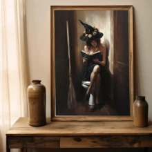1pc Framed Canvas Wall Art, Vintage Witch Halloween Canvas Wall Art - Rustic Bathroom Decor, Funny Witch Painting With Toilet Scene, Suitable For Horror Home Humor, Whimsical Wall Art, Vintage Witch Art, Floral Witch Hat, Halloween Decor, Halloween Home Decor, Framed Wall Art, Wall Art, Poster - Canvas (Frame Optional) - Witch - View 9