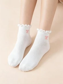 1/5/10/15/20 Pairs Random Women Solid Color Comfortable Breathable Simple Casual Campus Style Bow Ruffle Edge Short Socks - Multicolor - View 7