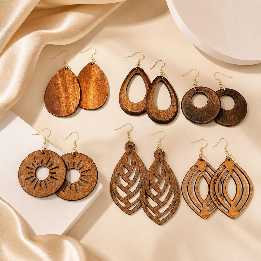 6 cặp bông tai mặt gỗ chạm khắc hình học màu cà phê cổ điển, bông tai gỗ Bohemian thích hợp để đeo hàng ngày, tiệc tùng, tụ họp, quà tặng tuyệt vời cho phụ nữ - Cà phê - Xem 1
