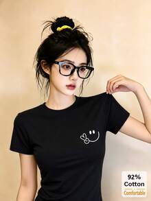 Áo thun nữ tay ngắn màu đen, in hình mặt cười đa năng, kiểu dáng ôm sát thoải mái cho mùa hè. - màu đen - Xem 2