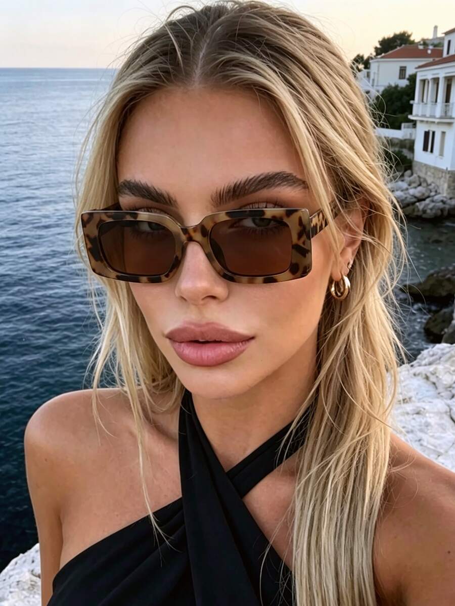 1pc Women's Fashion Small Rectangle Frame Fashion Glasses, Fashion Glasses For Everyday Commute, Beach, Travel, Street Photography And Personal Style - Leopard - View 1