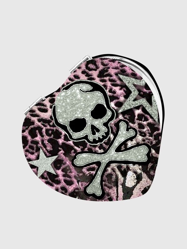1pc Y2K Gothic Glitter Skull Portable Makeup Mirror, Pink Leopard Print Heart-Shaped Folding Makeup Mirror, Aesthetic Punk Style Portable Pocket Mirror Suitable For Emo/Y2K