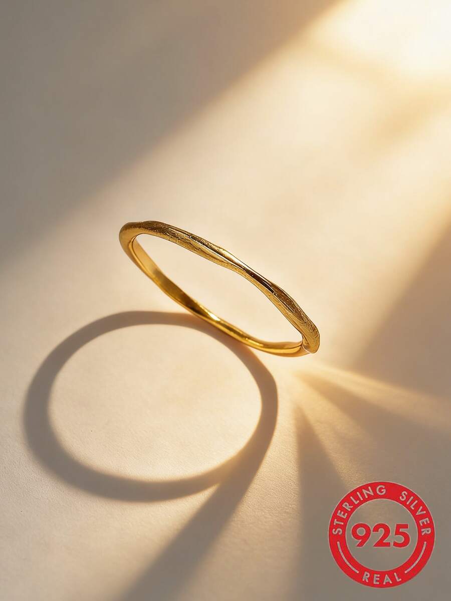 1枚S925纯银不对称素面银条戒指，可叠戴，适合女性日常佩戴，高品质珠宝 - 金黃色 - 查看 1