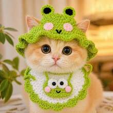 Handmade Crocheted Pet Frog Accessory Set: Cute Lemon Tomato Hat, Collar, Bib, Pet Birthday Gift, Photo Props - Green - View 6